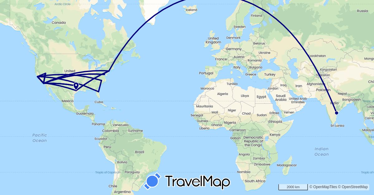TravelMap itinerary: driving in India, United States (Asia, North America)